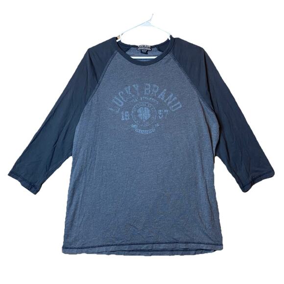 Lucky Brand Raglan Baseball Tee Shirt Men’s L Gray Black 3/4 Sleeve Graphic - Picture 1 of 8
